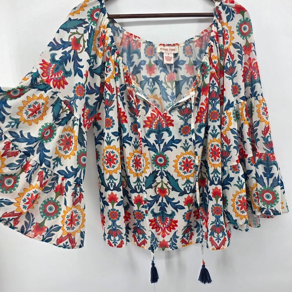 Flying Tomato Boho Floral Bell Sleeve Tassel Tie Neck Blouse Top Women's Size‎ S